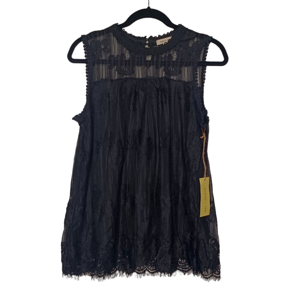 PAPER + TEE Black Floral Mesh Lace Sleeveless Lined Top X-Large NWT